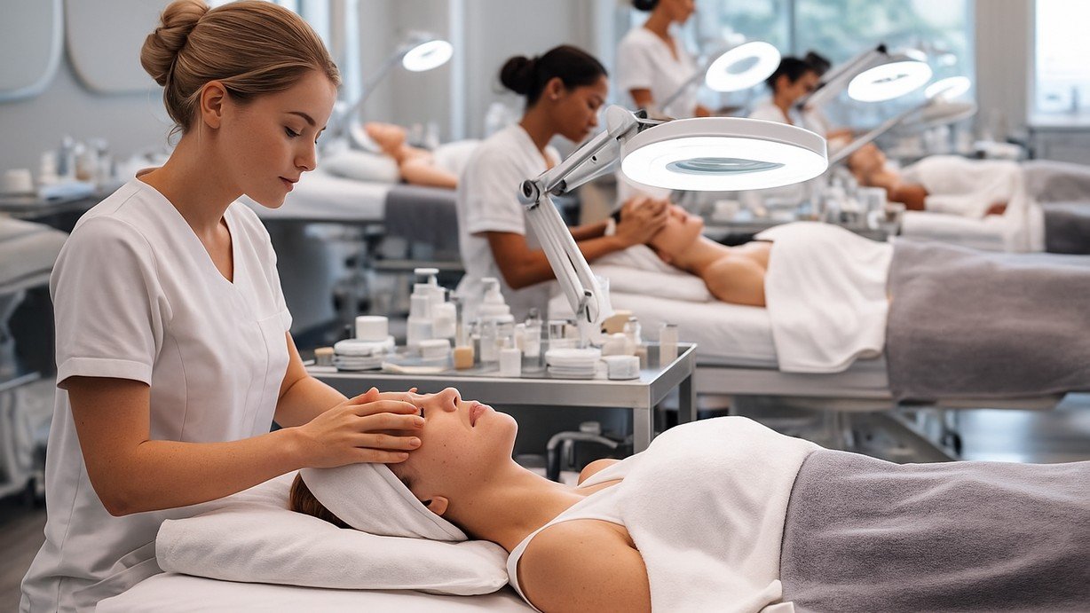 Esthetician students practising facial treatments